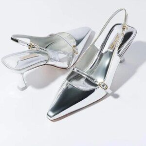 NEW Larroudé Ines Metallic Silver Specchio Slingback Pump Pointed Heels Size 7.5